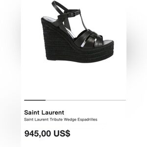 Saint Laurent Tribute Wedge Espadrilles Black Leather Platform Sandals Size 39